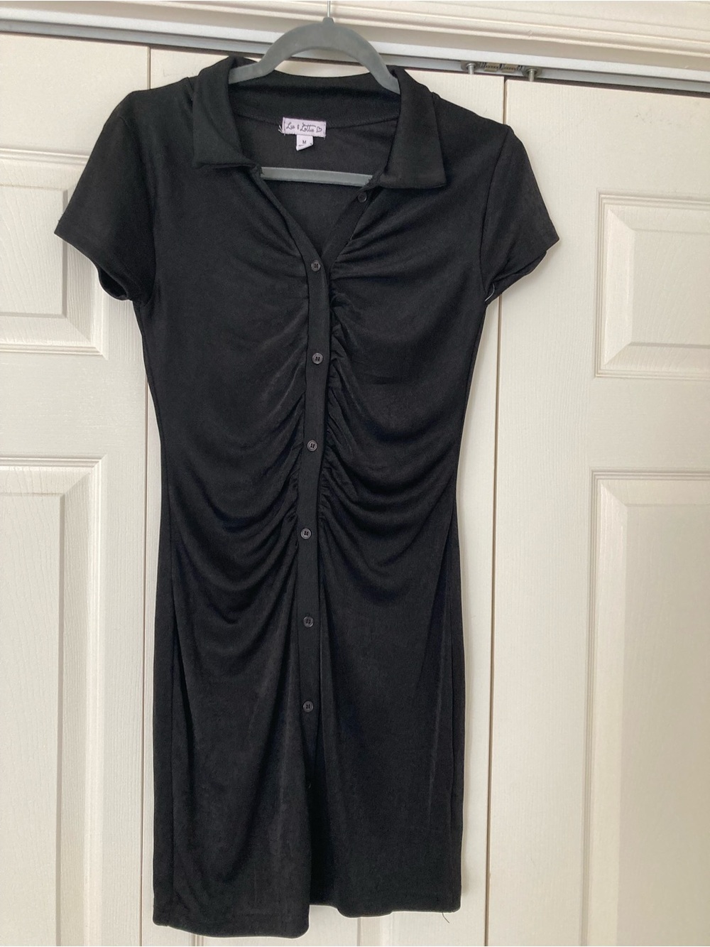 Ruched Button-Front Black Midi Dress